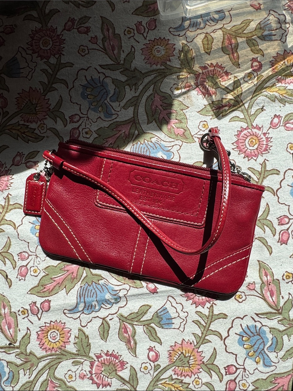 Coach Red Leather Wristlet with Contrast Stitching